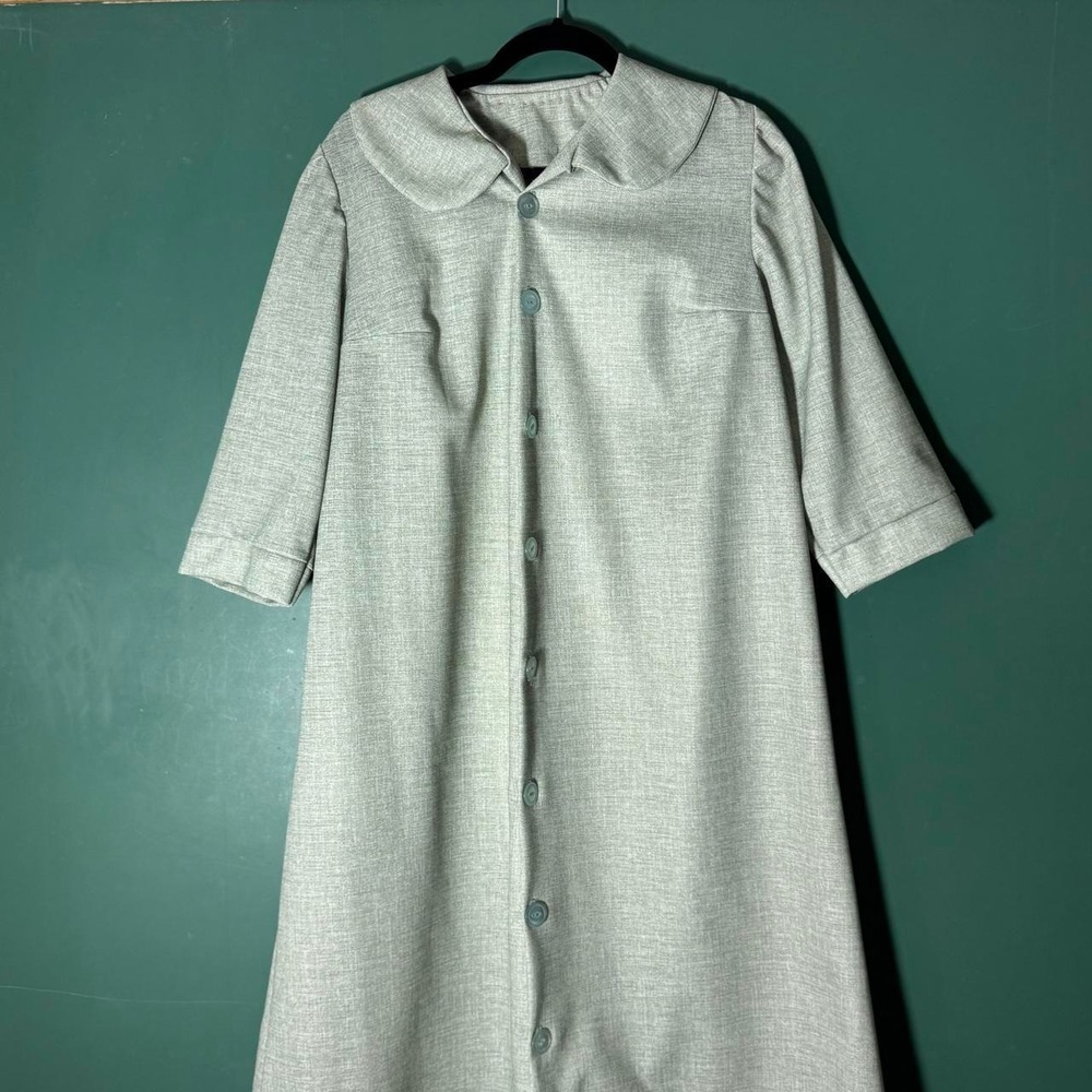 Vintage 1960s Handmade Amish House Dress Wool Linen Sage Green Peter Pan Collar